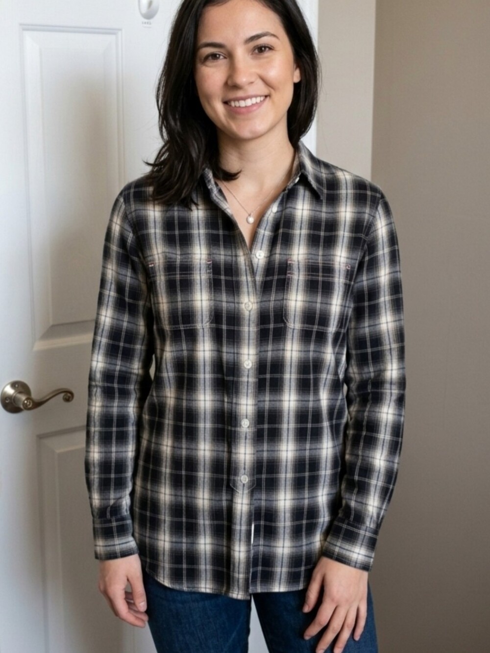 Lauren Jeans Co. Ralph Lauren Black & White Plaid 100% Cotton Blouse, XS